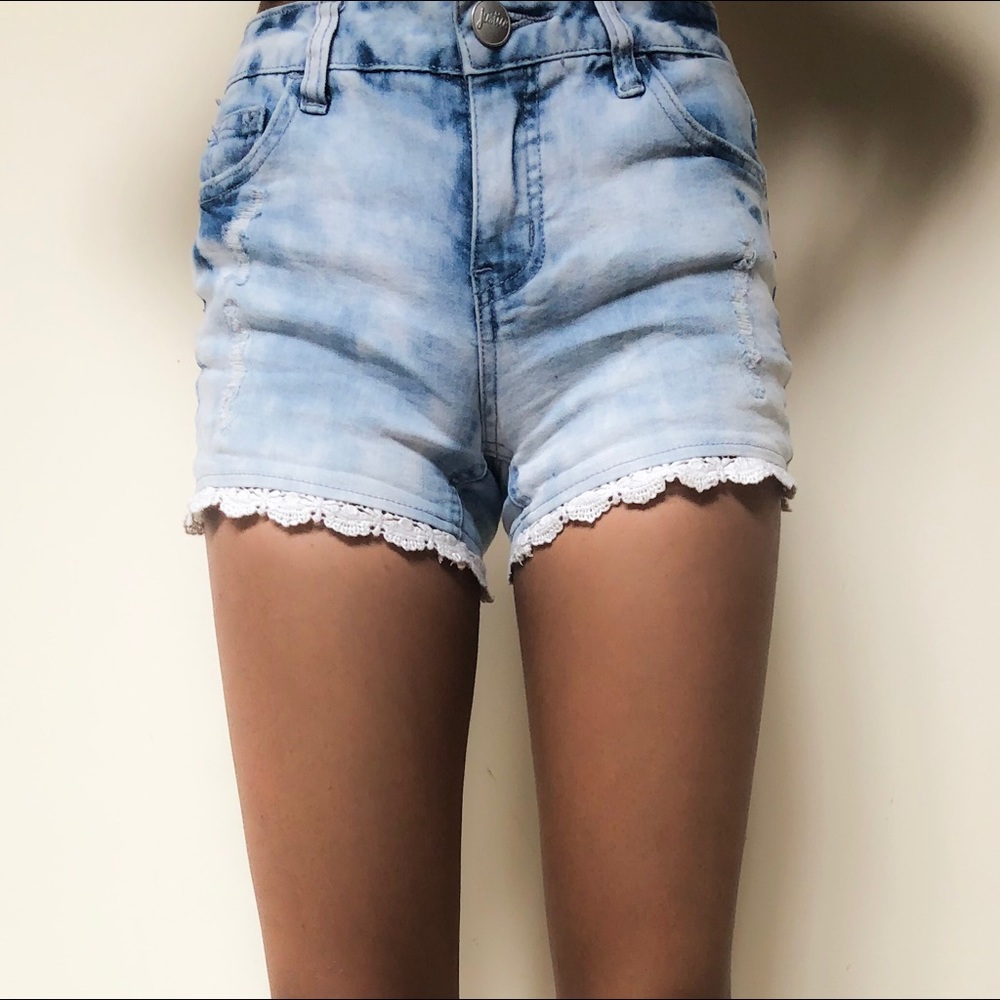 Justice Acid Wash Distressed Shorts With Lace Trim